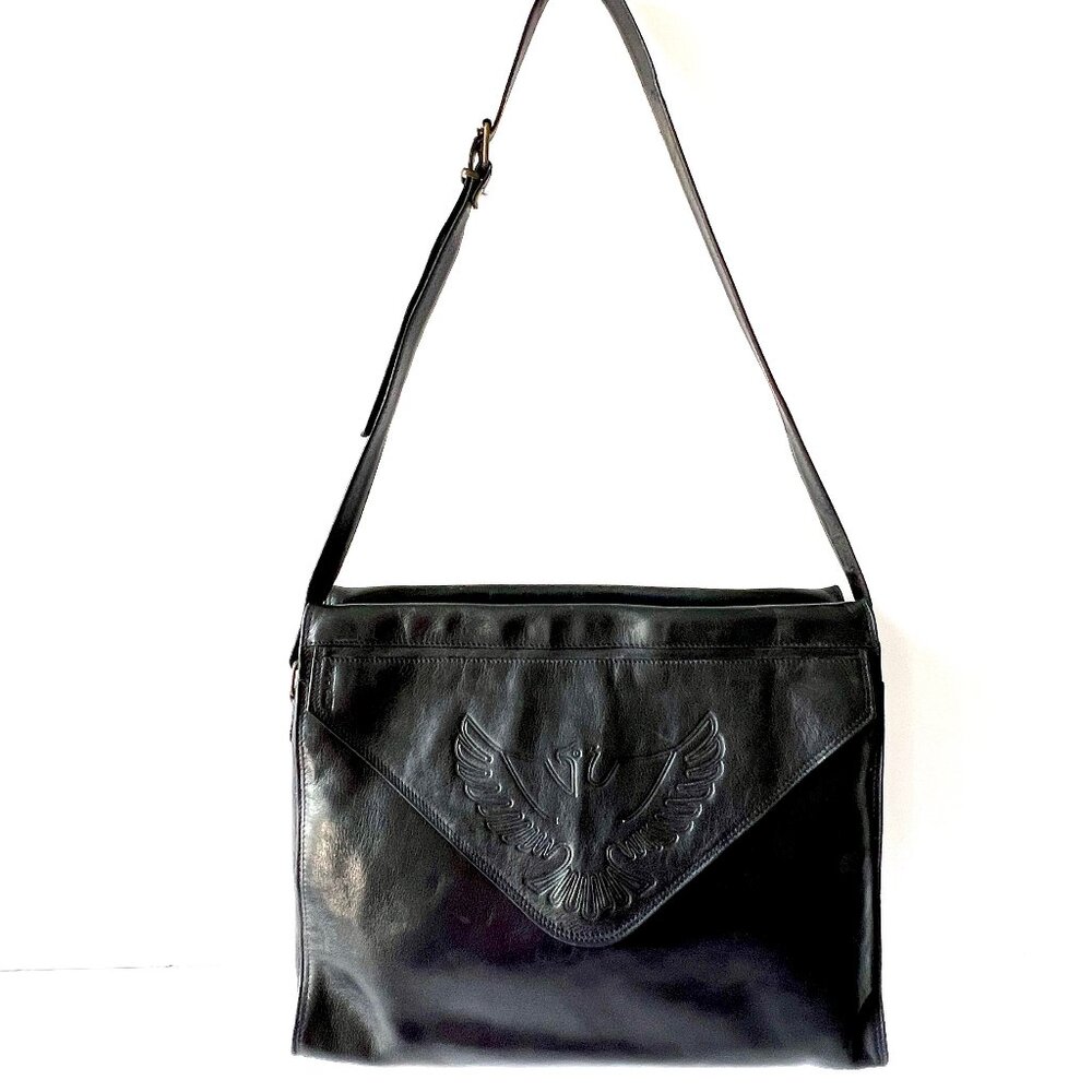 Vintage Leather Navy Handbag with Eagle Emblem, Crossbody Style, Signed VGC!